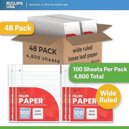 Wide Ruled Loose Leaf Paper Wide Ruled Notebook Paper Lined Writing Filler Paper 10.5” x 8” 56 gsm 4800 Sheets 100 Sheet Per Pack (48 Pack) - size: 48 Pack
