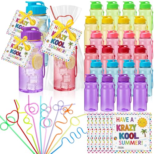 Suclain 24 Sets Sports Water Bottles Bulk End of The Year Gifts 18 oz Plastic Reusable Water Bottle with Summer Silly Straws Have a Cool Summer Gift Tags Cards and Ribbon for Treats Prizes Gifts