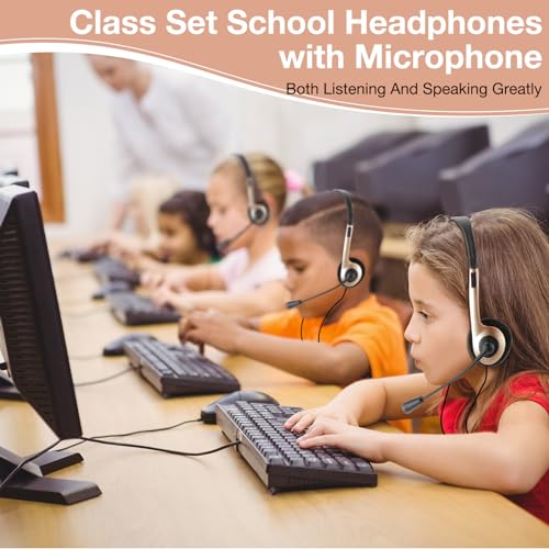 Yunsailing 30 Pack Classroom Headphones with Microphone School Student Headphones Bulk Class Set Lightweight Adjustable Earphones on Ear with 3.5 mm Jack(Champagne, Plastic Stem) - color: Champagne, style: Plastic Stem