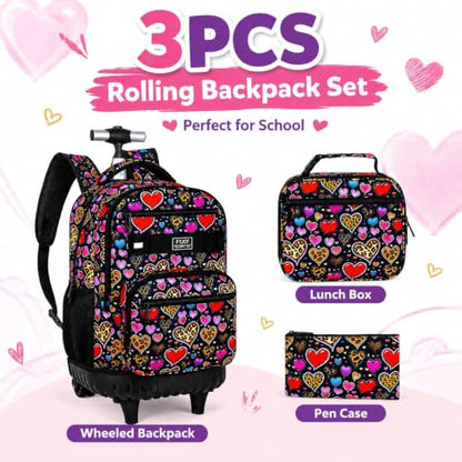 3Pcs Rolling Backpack for Girls, 19 Inche Women Roller Bag with Wheels for Adults, Wheeled Bookbag with Lunch Box(Brown) - color: Leopard Heart