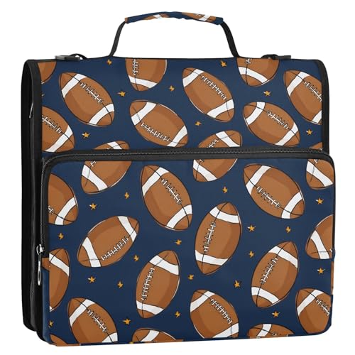 Zipper Binder Bag 3 Ring File Folder Portfolio Organizer Football Blue Binder Bags with Strap Paper Organizer Trapper Keeper Documents Storage
