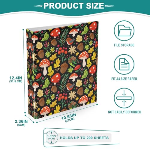 3 Ring Binder with Clipboard, D Rings Holds 200 Sheets, Heavy Duty Binders Folder for School Office, Waterproof PVC Cover with 3 Interior Clear Pockets, Mushrooms