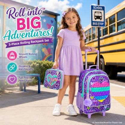 AGSDON 3PCS Rolling Backpack for Girls, Kids Roller Wheels Bookbag, Wheeled School Bag with Lunch Bag - Purple - color: Love