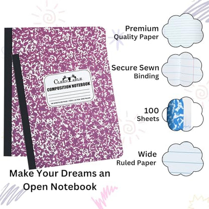 CLEENTABLE Composition Notebook 5 Pack, Wide Ruled Paper, Marble Cover Notebooks for School, 9.75 x 7.5 Inches, 100 Sheets (200 Pages), Sewn Binding Comp Books, Purple