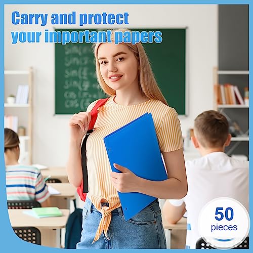 Yeaqee 50 Pcs Plastic Folders with Pockets Bulk 3 Hole Punched 2 Pocket File Folders for 3 Ring Binder Divider Folder for Notebooks, Durable Poly for Office Home (Blue) - color: Blue