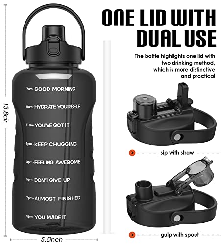 HydroPal 1 Gallon Water Bottles with Straw, 128 oz Water Bottle BPA Free Innovative 2-IN-1 Lid Gym Bottle with Times to Drink Motivational, Large for Sports Fitness Camping Water Jug （13.8X5.5 inch） - color: Obsidian Black