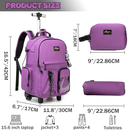 3 in 1 Rolling Backpack for School With Wheels and Lunch Box Set - Purple Carry-On Luggage for Teens, Girls, Boys - color: Purple