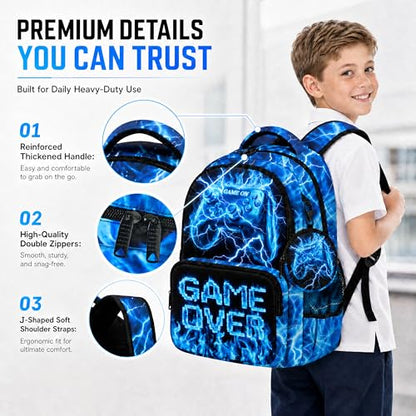 Game Backpack Set for Boys Kids – 17" Large Capacity Gaming School Bag with Lunch Box, Pencil Bag and Coin Purse (Blue) - color: Blue-1