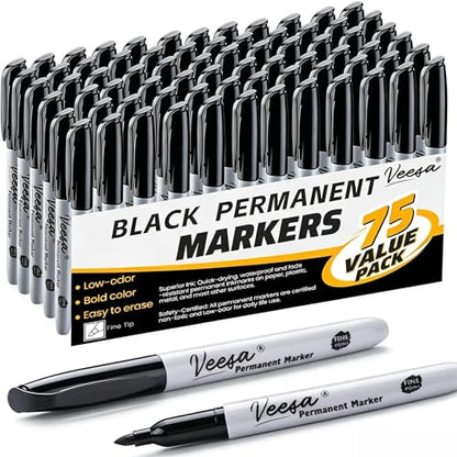 VEESA Black Permanent Markers Fine Tip, 75 Count, Quick Drying | Water- & Fade-Resistant, Marks on Wood Plastic Paper Metal - size: 1 Count (Pack of 75)