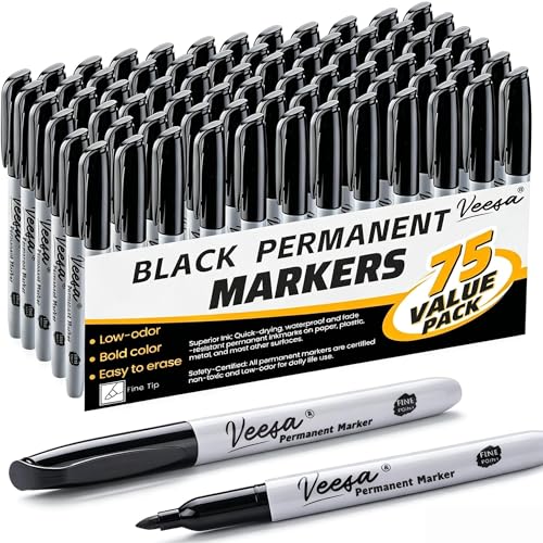VEESA Black Permanent Markers Fine Tip, 75 Count, Quick Drying | Water- & Fade-Resistant, Marks on Wood Plastic Paper Metal - size: 1 Count (Pack of 75)