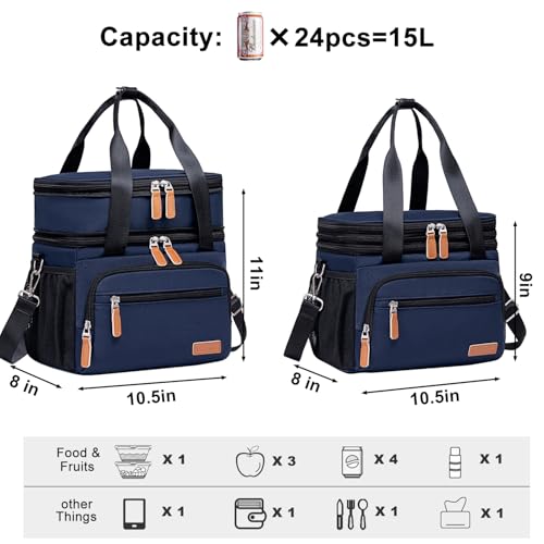Weitars Insulated Lunch Box for Women Men-Dual Compartment Waterproof Reusable Large Lunch Bag Wide-Open Tote Cooler Bag For Working Picnic Hiking (15L) (Blue) - color: Blue