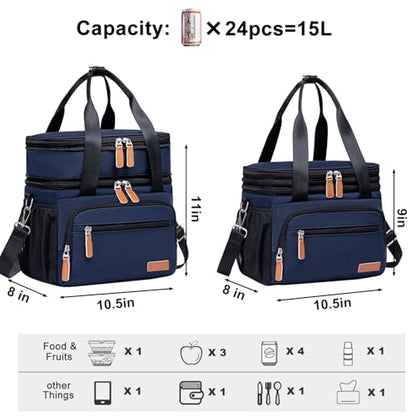 Weitars Insulated Lunch Box for Women Men-Dual Compartment Waterproof Reusable Large Lunch Bag Wide-Open Tote Cooler Bag For Working Picnic Hiking (15L) (Blue) - color: Blue