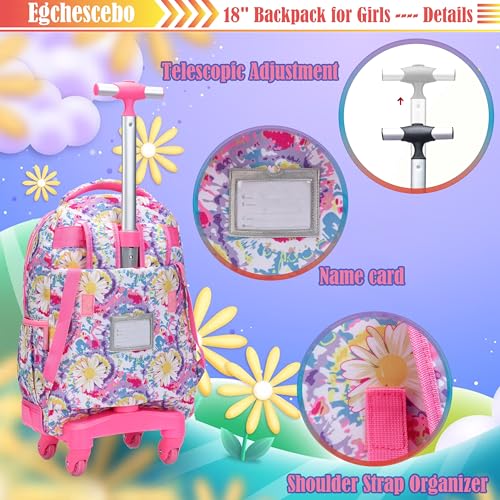 Kids Rolling Backpack for Girls Daisy Suitcases Trolley Roller Luggage Backpacks with 360° Rotating Wheels 15" Laptop Lunch Box Pencil Case for Elementary 18” Travel School Bag Pink - color: Pink-juhua-1220