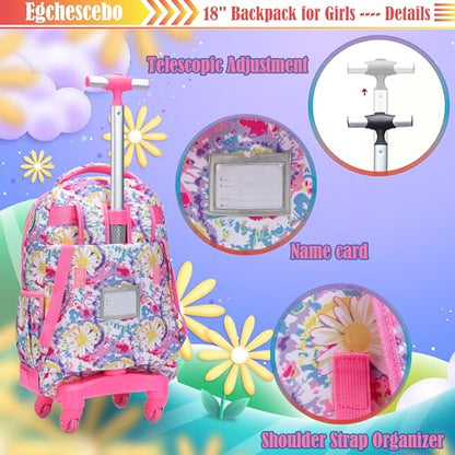 Kids Rolling Backpack for Girls Daisy Suitcases Trolley Roller Luggage Backpacks with 360° Rotating Wheels 15" Laptop Lunch Box Pencil Case for Elementary 18” Travel School Bag Pink - color: Pink-juhua-1220