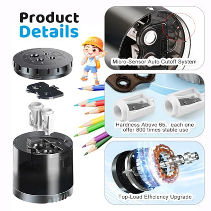 Heavy-Duty Electric Pencil Sharpener USB and Battery Power 4 Replacement Blades 4-Hole Adjustable for 6-12mm Art Pencils Large Capacity Automatic Pencil Sharpeners Black