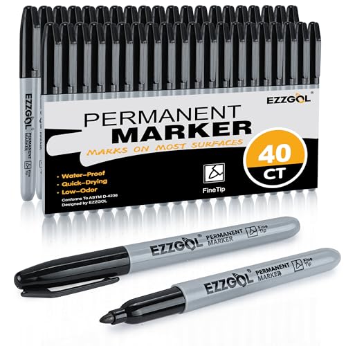 Ezzgol Black Permanent Markers Bulk, 40 Packs Fine Tip Permanent Waterproof Premium Smear Pens, Quick Drying, Office Supplies for School, Office, Home