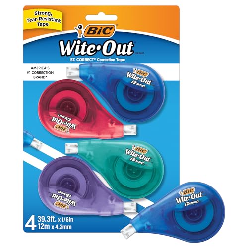 BIC Wite-Out EZ Correct Correction Tape, School Supplies for Students and Teachers, Applies Dry, No Dry Time, Tear Resistant, 4-Count Pack in White - color: White Tape, size: 4 Count (Pack of 1)