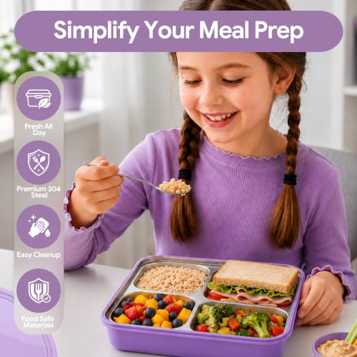 Large 10 x 7.5" Stainless Steel Bento Lunch Box with 4 Compartments Leakproof Lid BPA-Free 304 Stainless Steel Food Container That Keeps Food Separate for Adults and Kids School Office and Travel,Pink - color: Pink