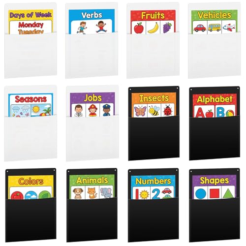 Fuutreo 12 Pcs White Black Plastic Oversized Wall Pockets 12.6" x 9.4" Inches Hanging Wall Mounted File Holder Mail Organizer for Classroom Bulletin Boards Home Office School - color: White Black