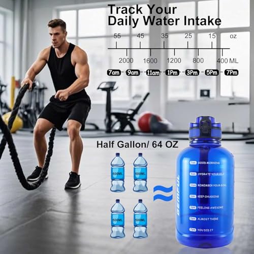 GEMFUL 2L Leak Proof Water Bottle with Handle 64oz Large Gym Jug Time Marker No Straw BPA Free Motivational for Men & Women (Royal Blue) - color: 2L Blue No Straw