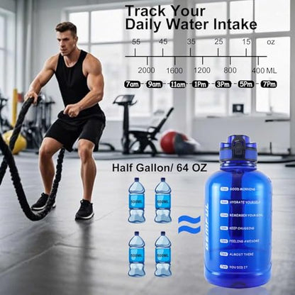 GEMFUL 2L Leak Proof Water Bottle with Handle 64oz Large Gym Jug Time Marker No Straw BPA Free Motivational for Men & Women (Royal Blue) - color: 2L Blue No Straw