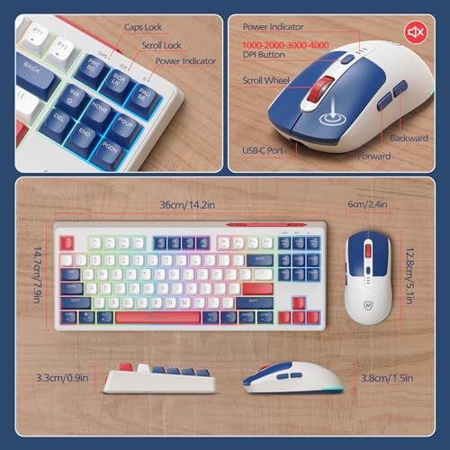 Wireless Keyboard and Mouse Combo with USB-C Dongle for PC Laptop Computer, 2.4 GHz Rechargeable RGB Backlit Creamy Keyboard Works with Windows & MacOS (Light Blue) - color: Light Blue