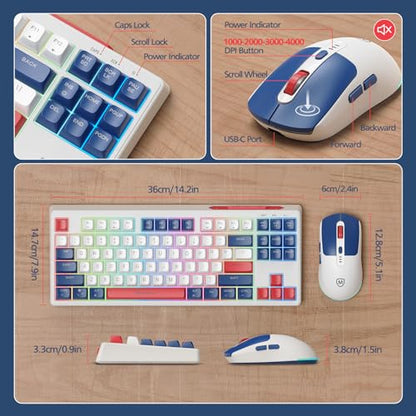 Wireless Keyboard and Mouse Combo with USB-C Dongle for PC Laptop Computer, 2.4 GHz Rechargeable RGB Backlit Creamy Keyboard Works with Windows & MacOS (Light Blue) - color: Light Blue