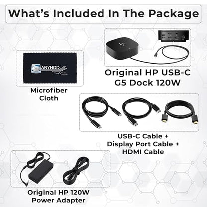 HP USB-C Dock g5 and Charging Bundle - HP Docking Station Dual Monitor 5TW10AA / 5TW10UT / 5TW10AA#ABB with 120W Adapter, HDMI, DisplayPort, USB-C Cables + Microfiber Cloth (Renewed)