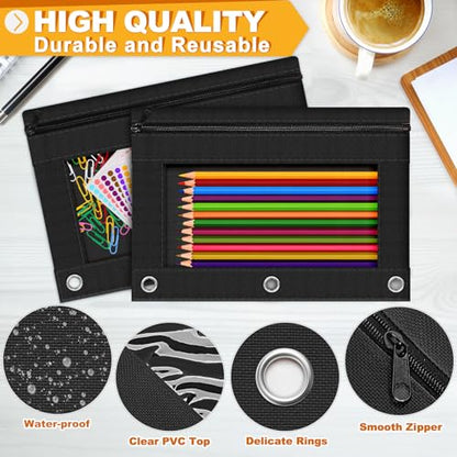 3-Ring Pencil Pouch, 2 Pack Black Bulk Pencil Case, Pencil Bags with Zipper for Office Supplies Cosmetics, with Zipper & Reinforced Grommets Fabric Large Pencil Case for 3 Hole Binder - color: Black