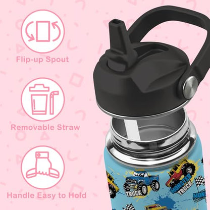 Monster Truck Boys Water Bottle, 16oz Kids Stainless Steel Insulated Water Bottle with Straw Lid, Monster Truck Travel Cup Tumbler, Birthday Gift for School Sport - color: Monster Truck