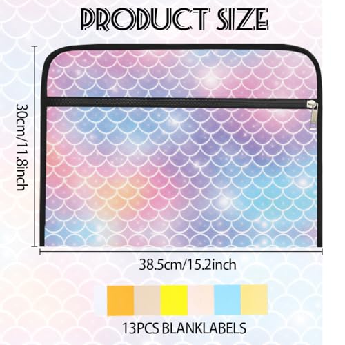 WEBEEDY 13 Pockets Expanding File Folder with Labels and Zipper, Portable Accordion File Organizer Paperwork Folder for Documents A4 Paper Receipt Travel Office, Back to School (Mermaid Scales)