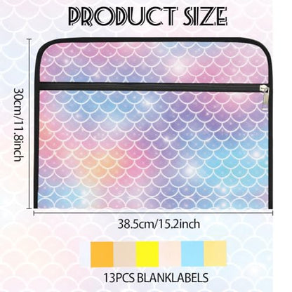 WEBEEDY 13 Pockets Expanding File Folder with Labels and Zipper, Portable Accordion File Organizer Paperwork Folder for Documents A4 Paper Receipt Travel Office, Back to School (Mermaid Scales)