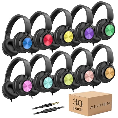AILIHEN Classroom Headphones for School 30 Pack - Wired Headphones with HD Microphone for Students K-12 & Teachers, Perfect for Library/Online Learning/Travel/Computer/Chromebook/Tablet(Colorful) - color: 10 Colors-Triple
