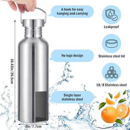 Lemecima 4 Pack 34oz Uninsulated Single Walled Stainless Steel Sports Water Bottle with Handle 304 18/8 Stainless Steel Camping Water Bottle for Cyclists Runners Hikers Beach Goers Picnics Camping