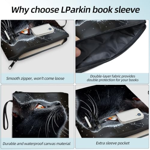 Padded Book Sleeve with Zipper & Front Pocket, Fabric Book Cover | Cute Black Cat Moon Silhouette11.4"x8.7" Washable Canvas Pouch for Hardcovers, Tablets & Reading Accessories - color: Cute Black Cat Moon Silhouette