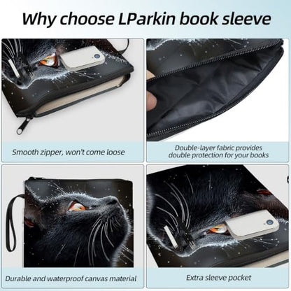 Padded Book Sleeve with Zipper & Front Pocket, Fabric Book Cover | Cute Black Cat Moon Silhouette11.4"x8.7" Washable Canvas Pouch for Hardcovers, Tablets & Reading Accessories - color: Cute Black Cat Moon Silhouette