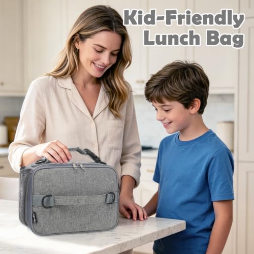 FlowFly Kids Lunch Bag, Durable Insulated School Lunch Box with Shoulder Strap and Bottle Holder, Water-resistant Thermal Small Lunch Cooler Tote for Teen Boys & Girls,Grey - color: Gray