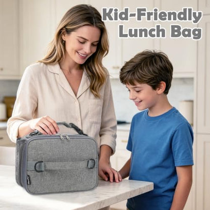 FlowFly Kids Lunch Bag, Durable Insulated School Lunch Box with Shoulder Strap and Bottle Holder, Water-resistant Thermal Small Lunch Cooler Tote for Teen Boys & Girls,Grey - color: Gray