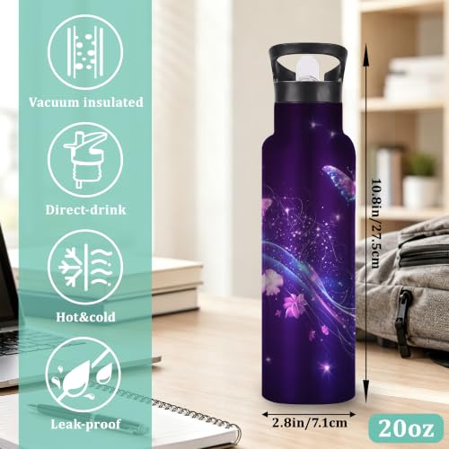 Insulated Water Bottle,Flying Butterflies 20 oz Stainless Steel Water Bottles with Straw Lid,Purple Leak Resistant Double Insulated Flask with Handle,Fits Cup Holder,Keeps Drinks Cold - color: Flying Butterflies,Purple