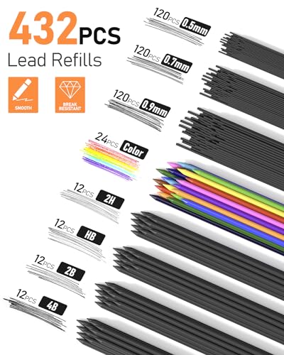 Four Candies 25PCS Mechanical Pencil Set with Case, Art Supplies with Metal Pencil 0.5, 0.7, 0.9 mm & 3PCS 2mm (HB 2H 2B 4B Color) & 432 Graphite Lead Refills, Technical Drawing Kit for Teen & Adults - style: 0.5mm+0.7mm+0.9mm+2.0mm