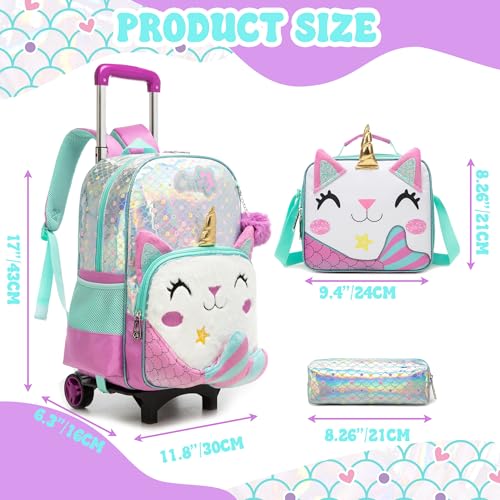 Meetbelify Girls Cute Backpack with Wheels for Elementary Students Kids Black Travel Luggage - color: Mermaid