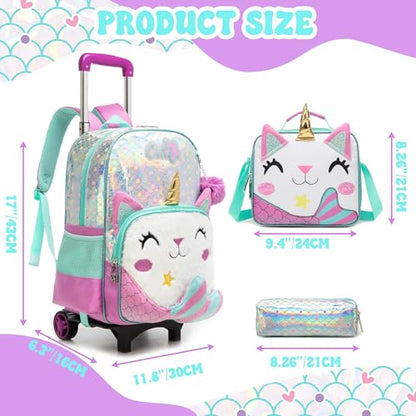 Meetbelify Girls Cute Backpack with Wheels for Elementary Students Kids Black Travel Luggage - color: Mermaid