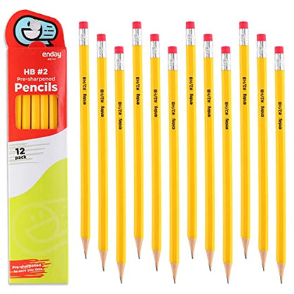Enday Pencils 2 Wood Cased, Pre Sharpened Yellow Pencils #2 with Latex-Free Eraser, Durable School and Drawing Graphite Pencil, No 2 Soft Pencils for Kids and Adults, Box of 12