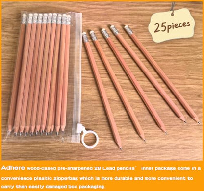 Adhere 25pcs Woodcase Pencils with Eraser Premium Pre-Sharpened Hexagon Graphite 2B pencils ideal for home, office writing including a Free Sharpener (Nature wood・25pcs) - color: Nature wood・25pcs