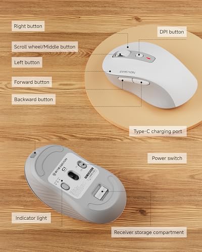 EWEAND Wireless Mouse, Dual-Mode 2.4 G/Bluetooth Mouse with 5 Adjustable DPI Levels up to 4000, Rechargeable Silent Computer Mouse for Laptop, MacBook, PC, Chromebook for Small&Medium Hands-White - color: White