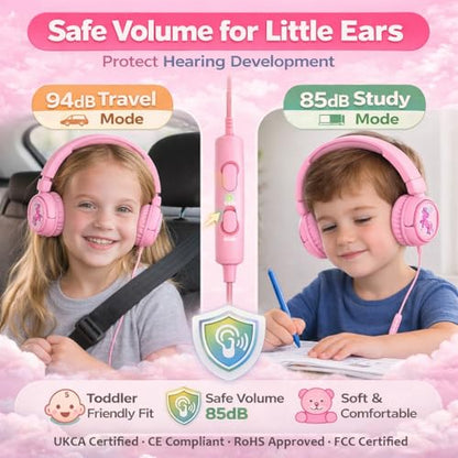 K6 Kids Headphones for Toddler & Kids Ages 2-12, 85/94dB Safe Volume Limited, Wired with 3.5mm Jack, HD Microphone, Adjustable & Foldable, On-Ear Headphones for Tablet, School, Travel, iPad - color: Pink