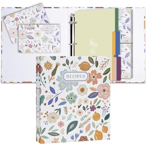 Recipe 3 Ring Binder 8.5x9.5, Full Page 3 Ring Recipe Binder Organizer Set with 25 Slot Pages & 50 Recipe Cards & 6 Divider Pages, Recipe Book for Make Your Own Recipe Sleek Kitchen Wildflowers - color: Wildflowers, size: Medium