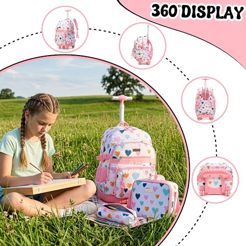 Rolling Backpacks for Kids Backpack for Girls with Lunch Bag Pencil Case 16.5" Kids Backpack with Wheels Roller Backpacks for Girls - color: Baiseaixin