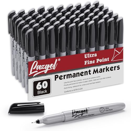 LAZGOL Permanent Markers Bulk, Ultra Fine Point, 60 Pack Black 0.4 mm Permanent Marker set, Felt Tip Pens Works on Plastic, Wood, Stone, Metal and Glass for Doodling, Marking