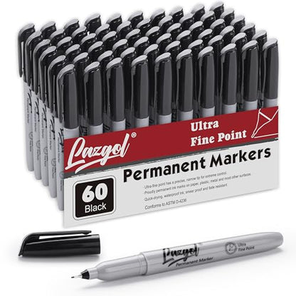 LAZGOL Permanent Markers Bulk, Ultra Fine Point, 60 Pack Black 0.4 mm Permanent Marker set, Felt Tip Pens Works on Plastic, Wood, Stone, Metal and Glass for Doodling, Marking